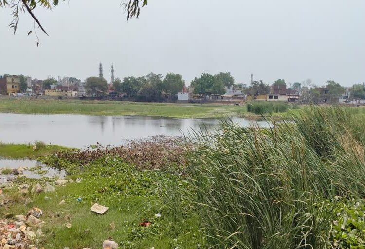 तालाब पर गंदगी के अंबार को ग्रामीणों ने खत्म कराने और सफाई करवाने की मांग की।